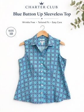 Charter Club Wrinkle Free Sleeveless Button Up Top Size 10 Blue Tailored Fit